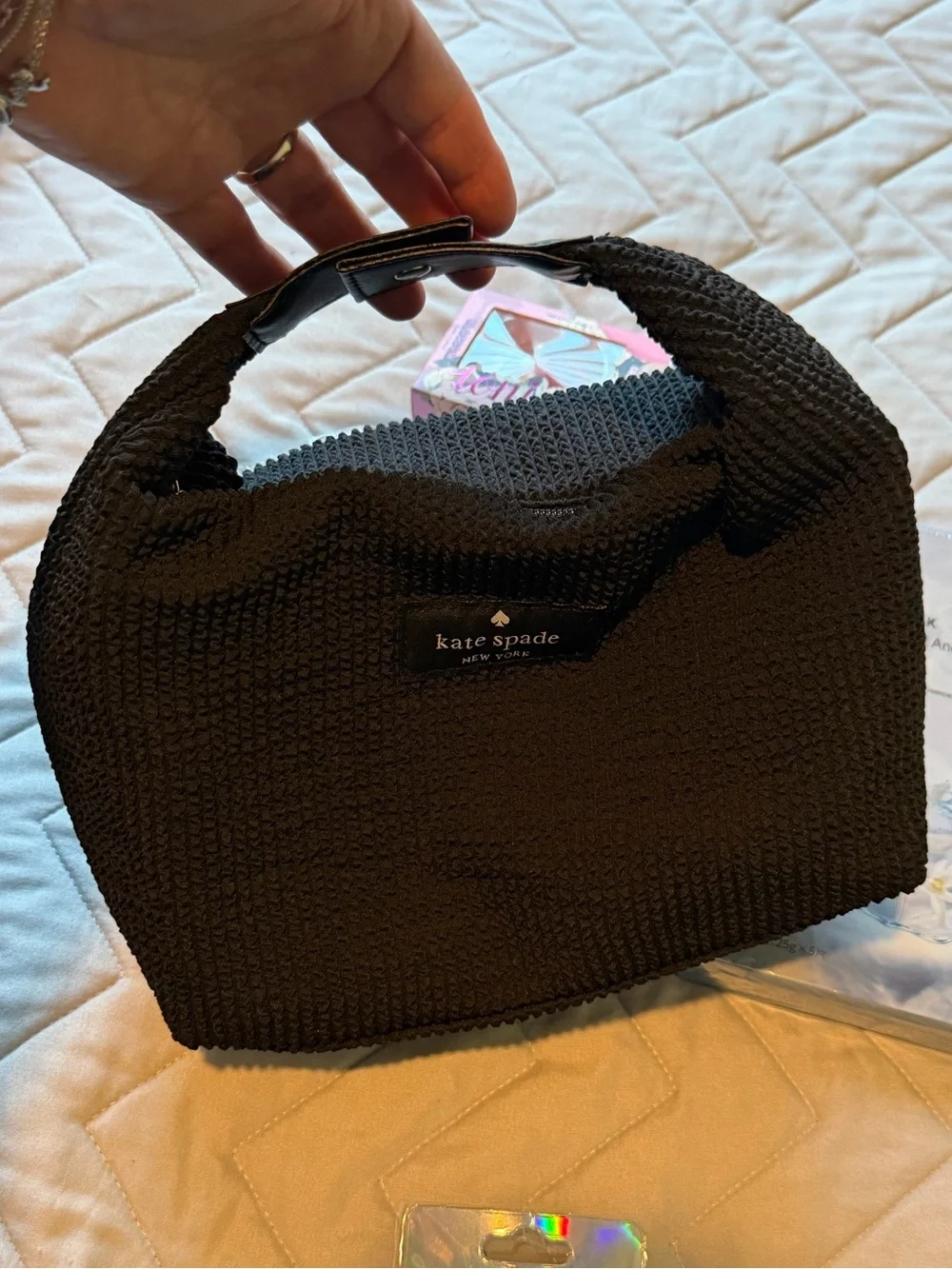 Kate Spade NWOT Black Textured Makeup Bag with Assorted Cosmetic Items